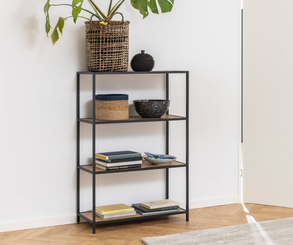 Seaford Black Metal Low Bookcase with 3 Oak Shelves