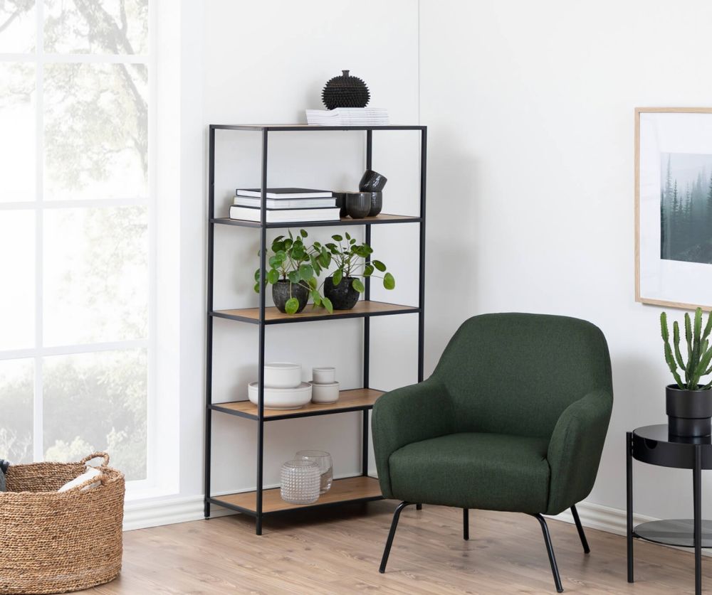 Seaford Tall Black Metal Bookcase with 4 Oak Shelves