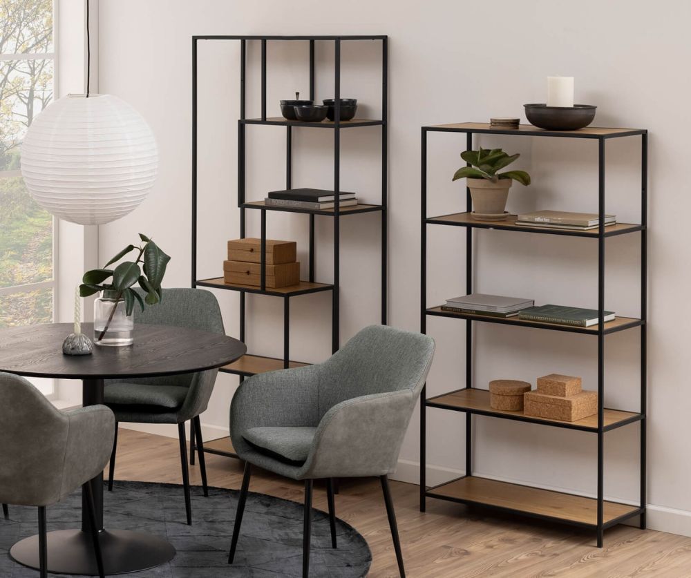 Seaford Tall Black Metal Bookcase with 4 Oak Shelves
