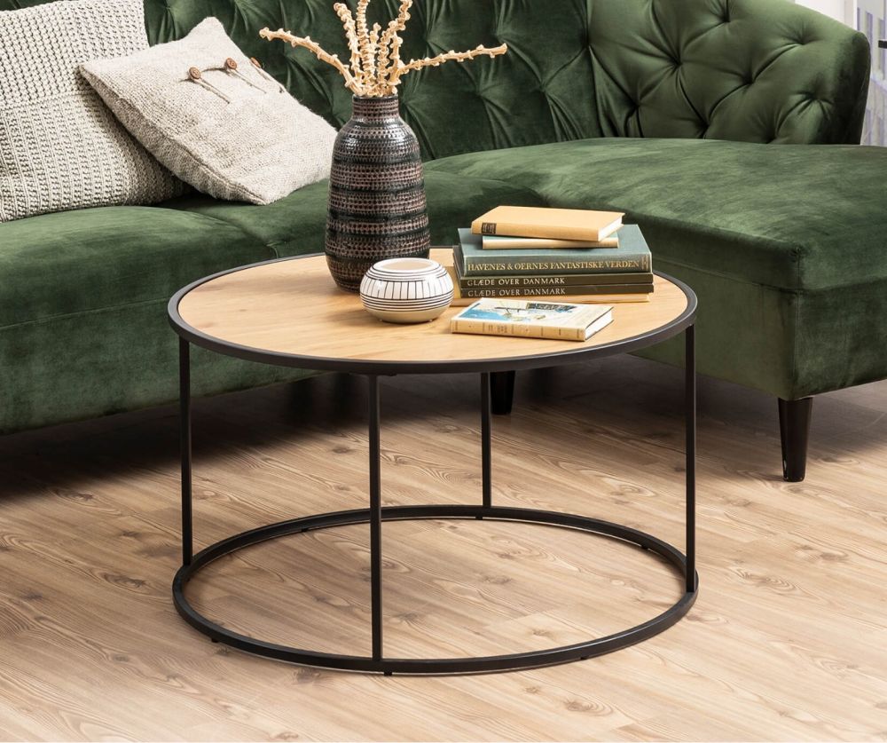 Seaford Black Metal Round Coffee Table with Oak Top