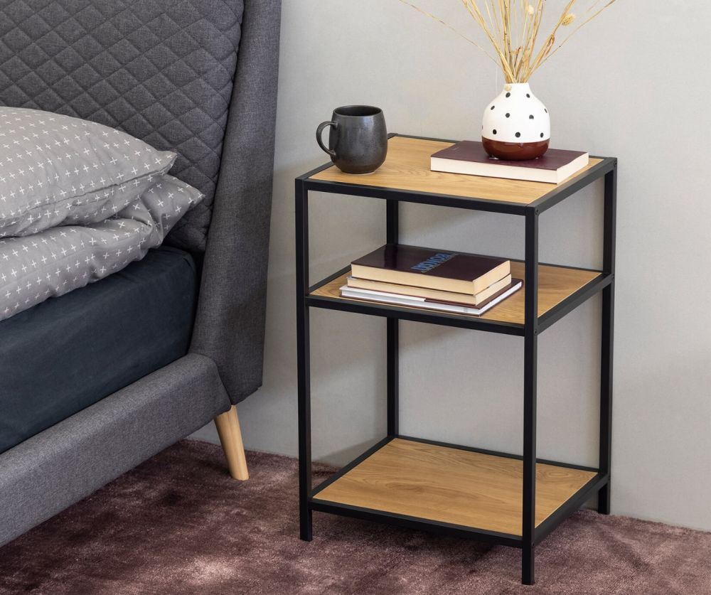 Seaford Black Metal Bedside Table with 2 Oak Shelves