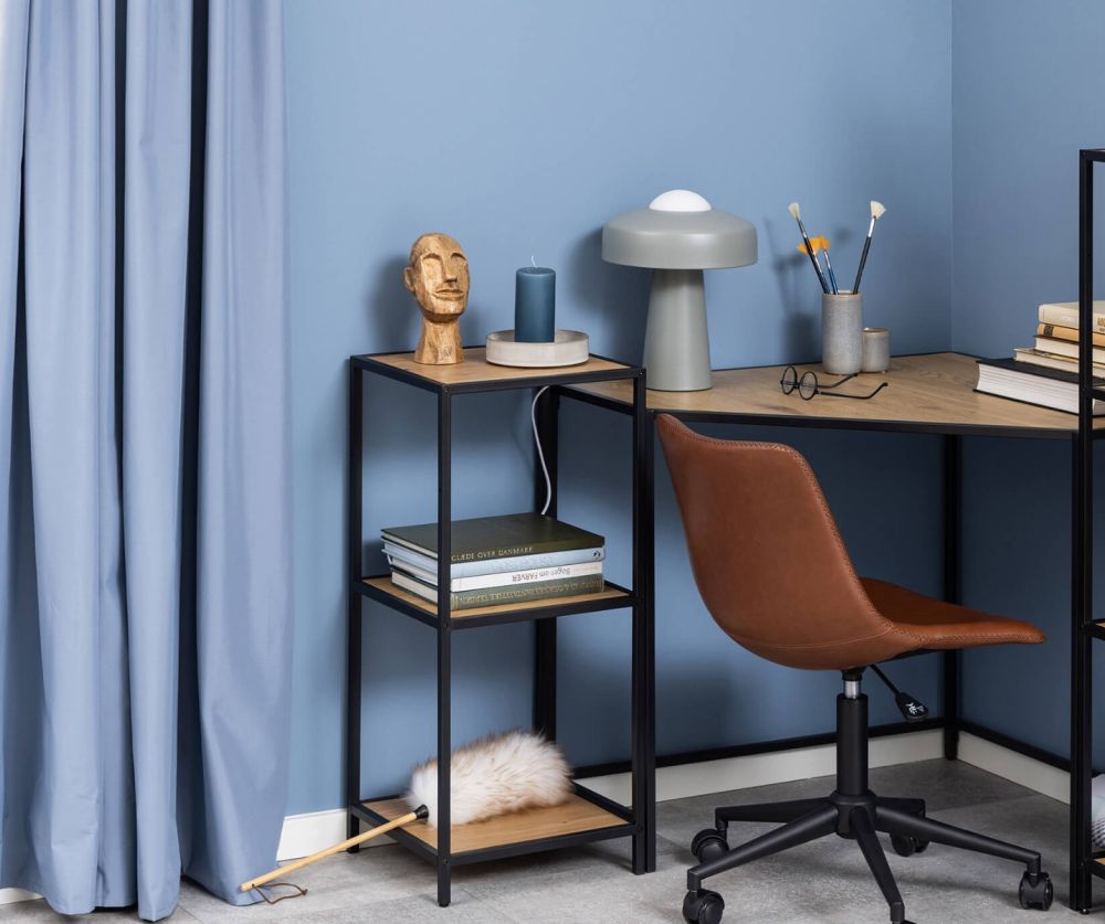 Seaford Narrow Black Metal Bookcase with 2 Oak Shelves
