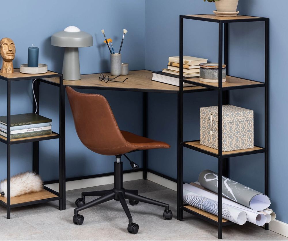 Seaford Narrow Black Metal Bookcase with 3 Oak Shelves