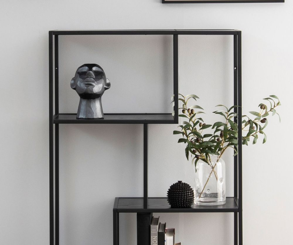Seaford Black Metal Asymmetrical Bookcase with 3 Black Shelves