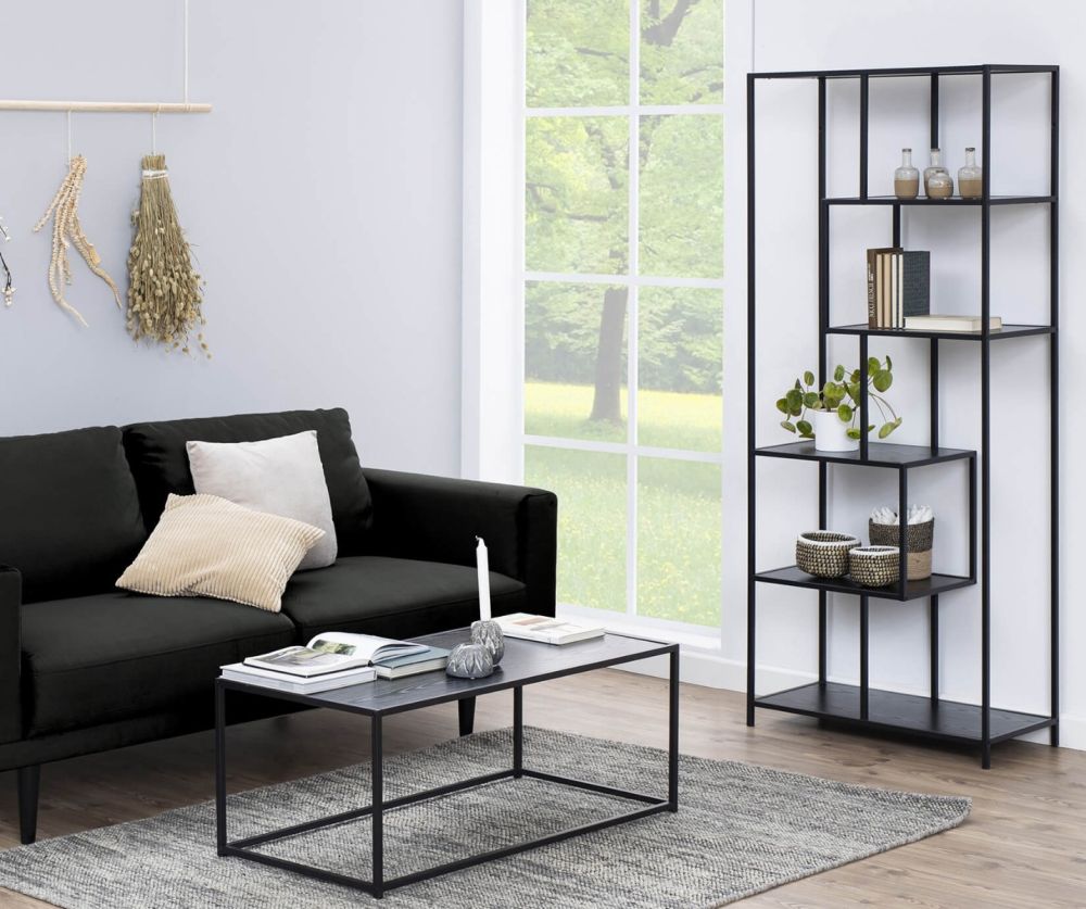 Seaford Tall Black Metal Bookcase with 5 Black Shelves