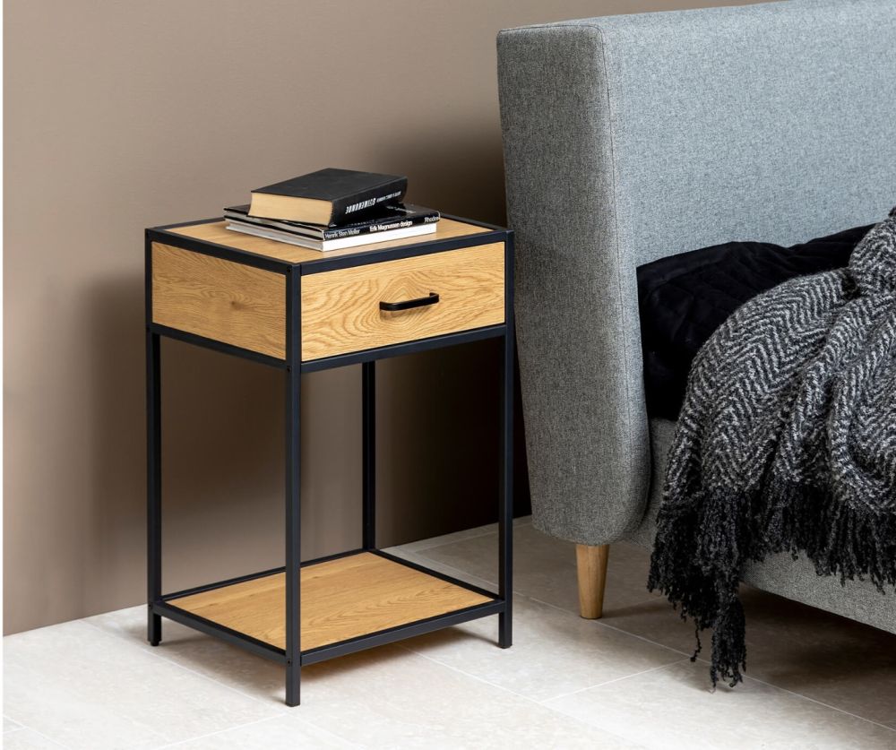 Seaford Black and Oak Bedside Table with 1 Drawer 