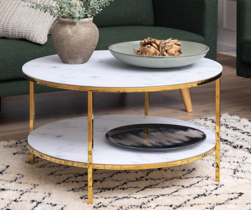 Alisma Round Coffee Table with Marble Effect Top And Gold Legs