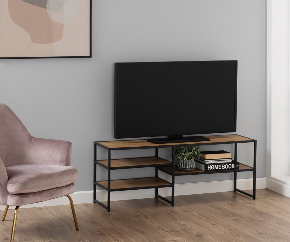 Seaford Black Metal Open TV Unit with 3 Oak Shelves