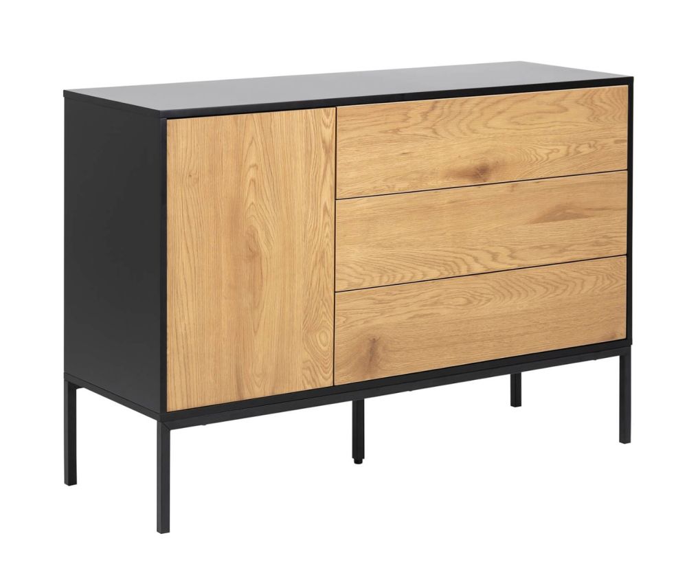 Seaford Black and Oak 1 Door 3 Drawer Small Sideboard