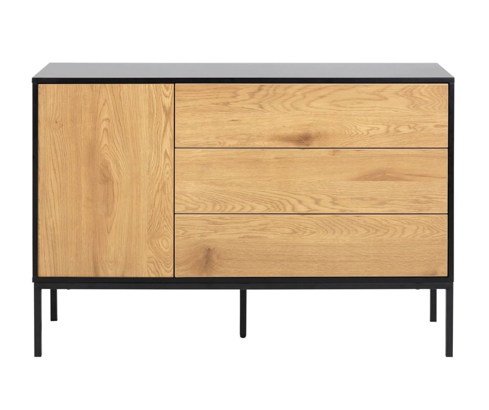 Seaford Black and Oak 1 Door 3 Drawer Small Sideboard