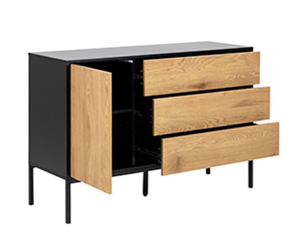 Seaford Black and Oak 1 Door 3 Drawer Small Sideboard