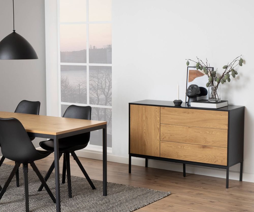 Seaford Black and Oak 1 Door 3 Drawer Small Sideboard