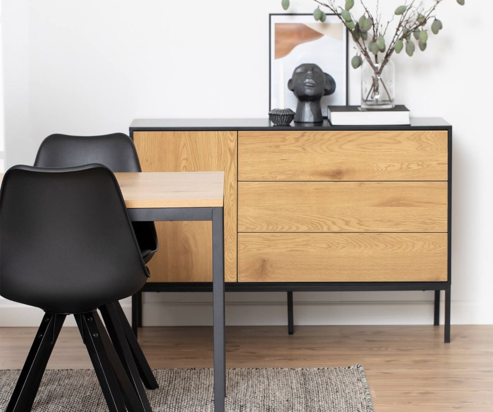 Seaford Black and Oak 1 Door 3 Drawer Small Sideboard