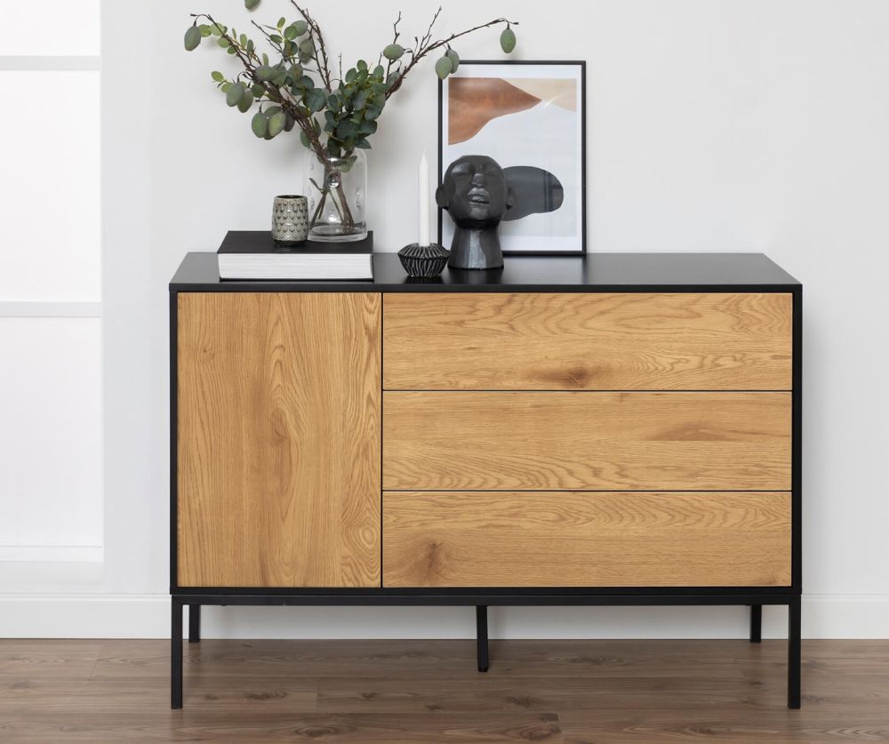 Seaford Black and Oak 1 Door 3 Drawer Small Sideboard