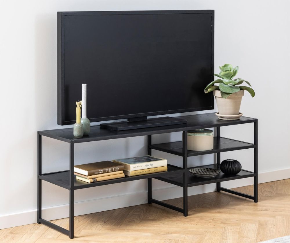Seaford Black Metal Open TV Unit with 3 Black Shelves