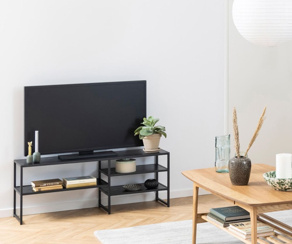 Seaford Black Metal Open TV Unit with 3 Black Shelves