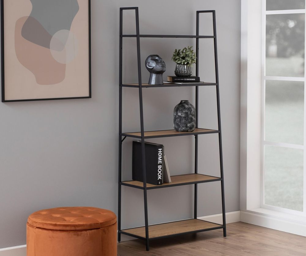 Seaford Black Metal Ladder Bookcase with 5 Oak Shelves