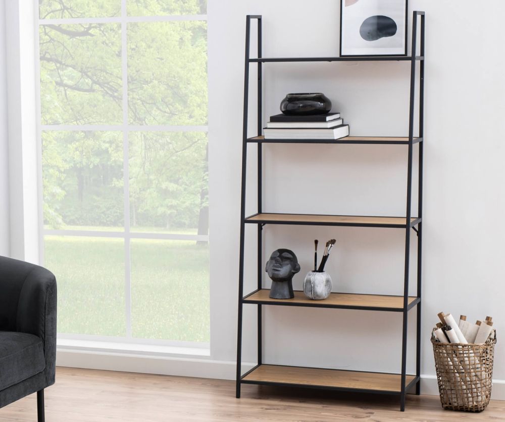Seaford Black Metal Ladder Bookcase with 5 Oak Shelves