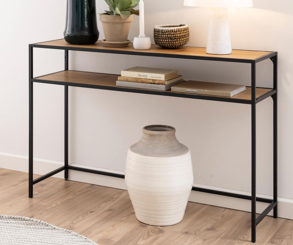 Seaford Black Metal Console Table with Oak Top