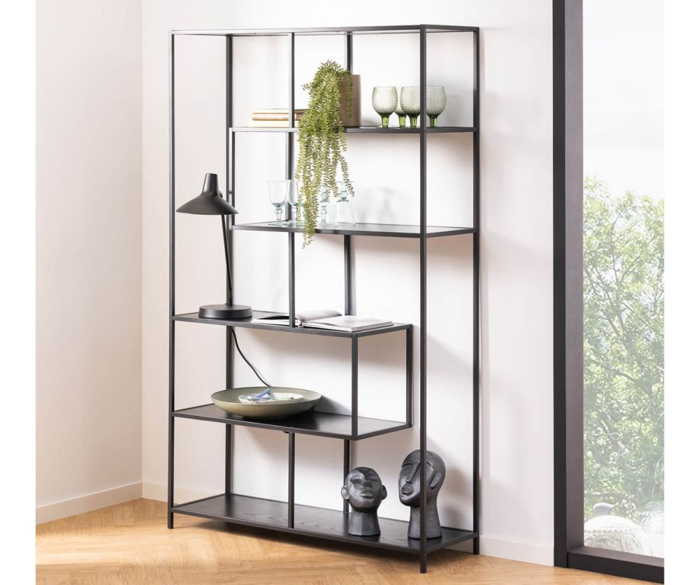 Seaford Black Metal Large Asymmetrical Bookcase with 5 Black Shelves