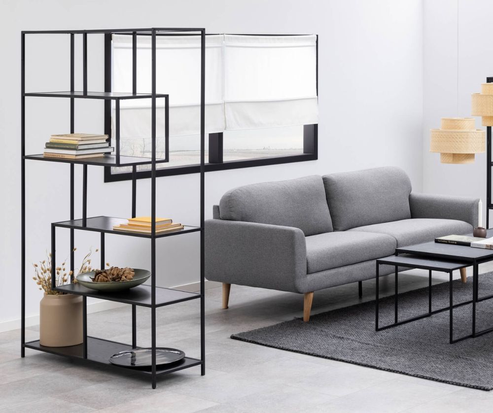 Seaford Black Metal Large Asymmetrical Bookcase with 5 Black Shelves