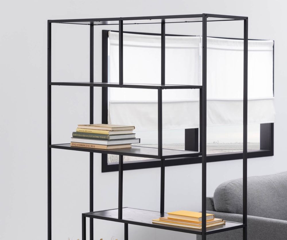Seaford Black Metal Large Asymmetrical Bookcase with 5 Black Shelves
