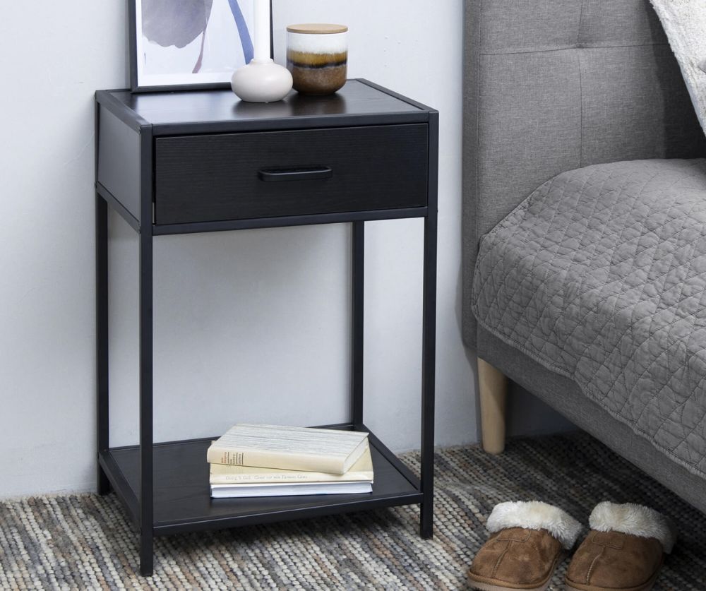 Seaford Black Bedside Table with 1 Drawer 