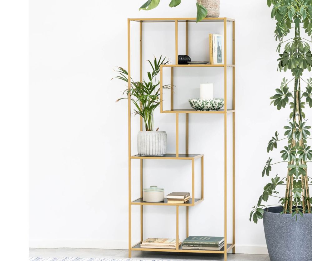 Seaford Tall Gold Metal Bookcase with 5 Black Shelves