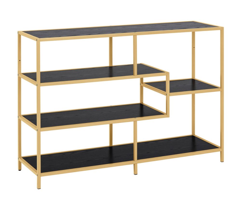 Seaford Wide Gold Metal Bookcase with 4 Black Shelves