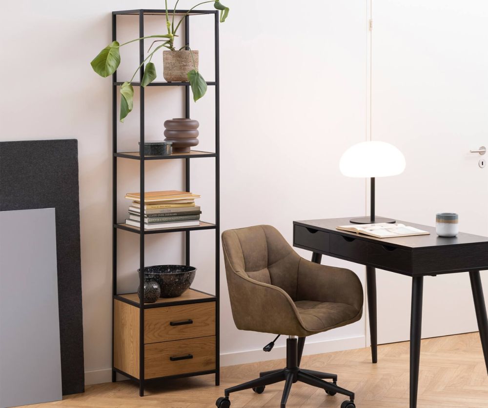 Seaford Black and Oak Bookcase with 2 Drawers and 3 Shelves 