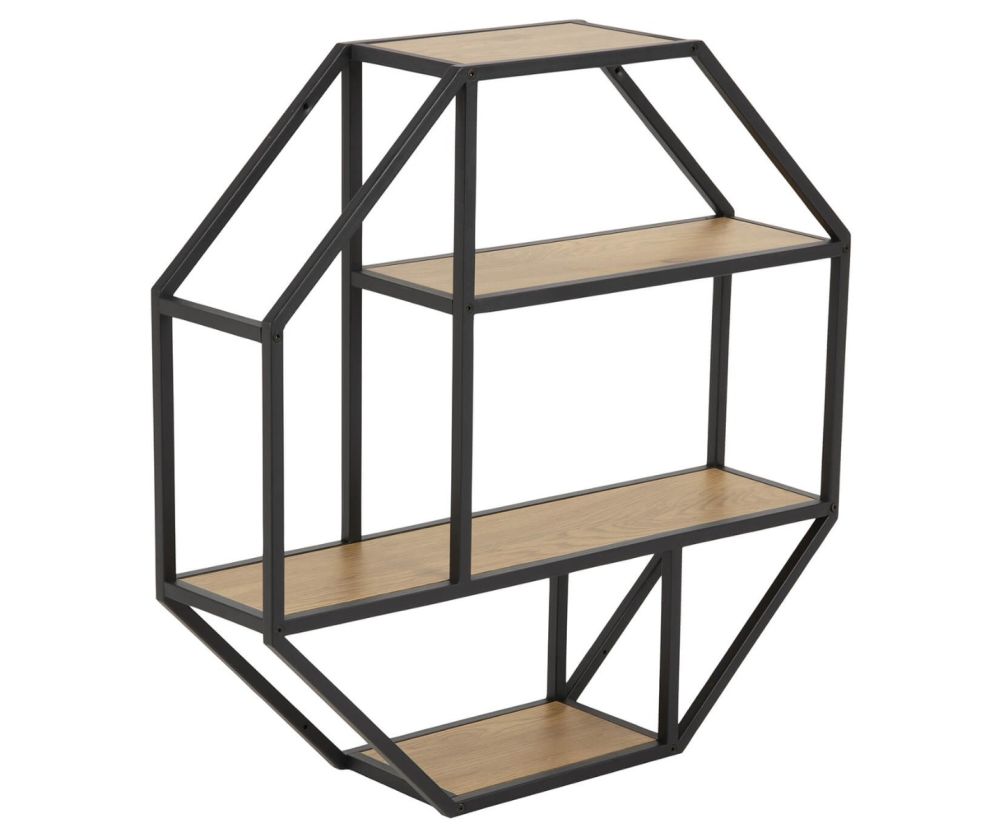 Seaford Black and Oak Octagonal Metal Wall Shelf