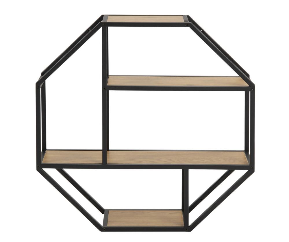 Seaford Black and Oak Octagonal Metal Wall Shelf