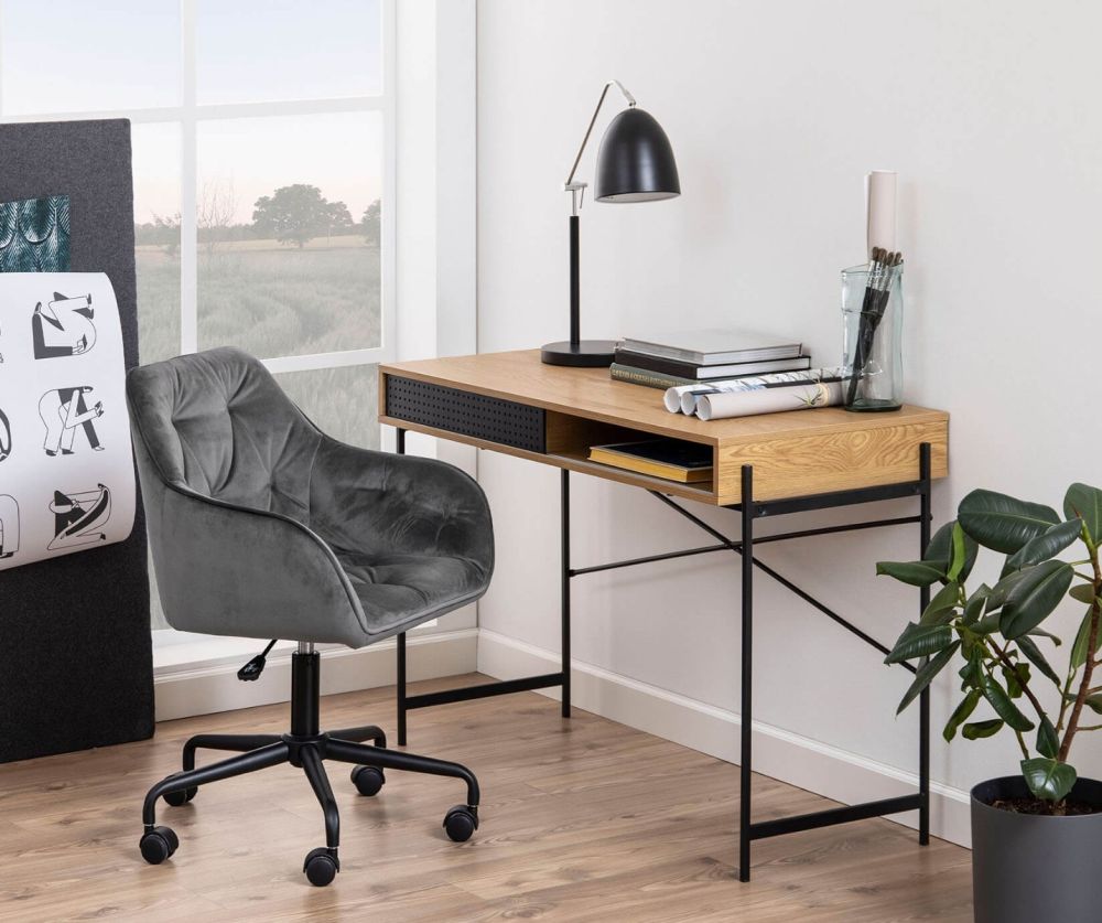 Angus Oak And Black Sliding Door Office Desk 