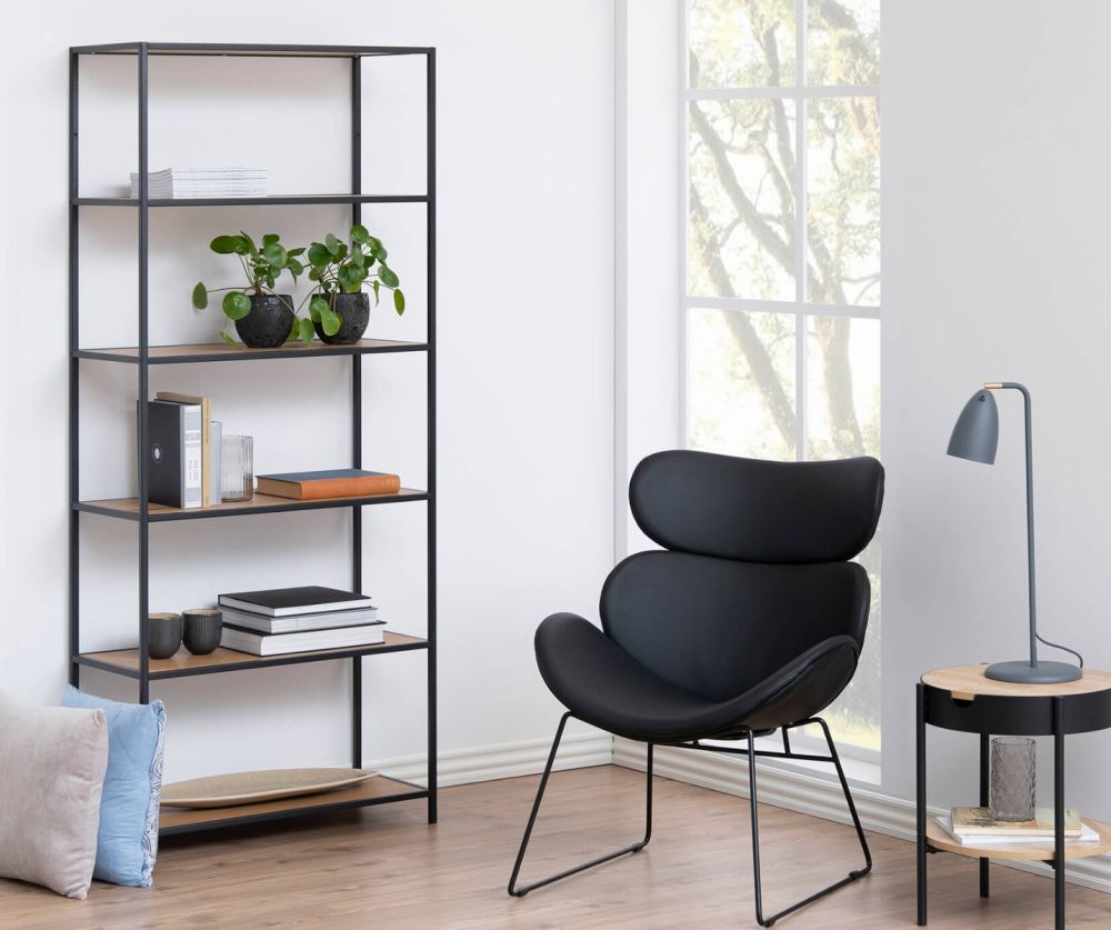 Seaford Oak Tall Black Metal Bookcase with 5 Shelves 