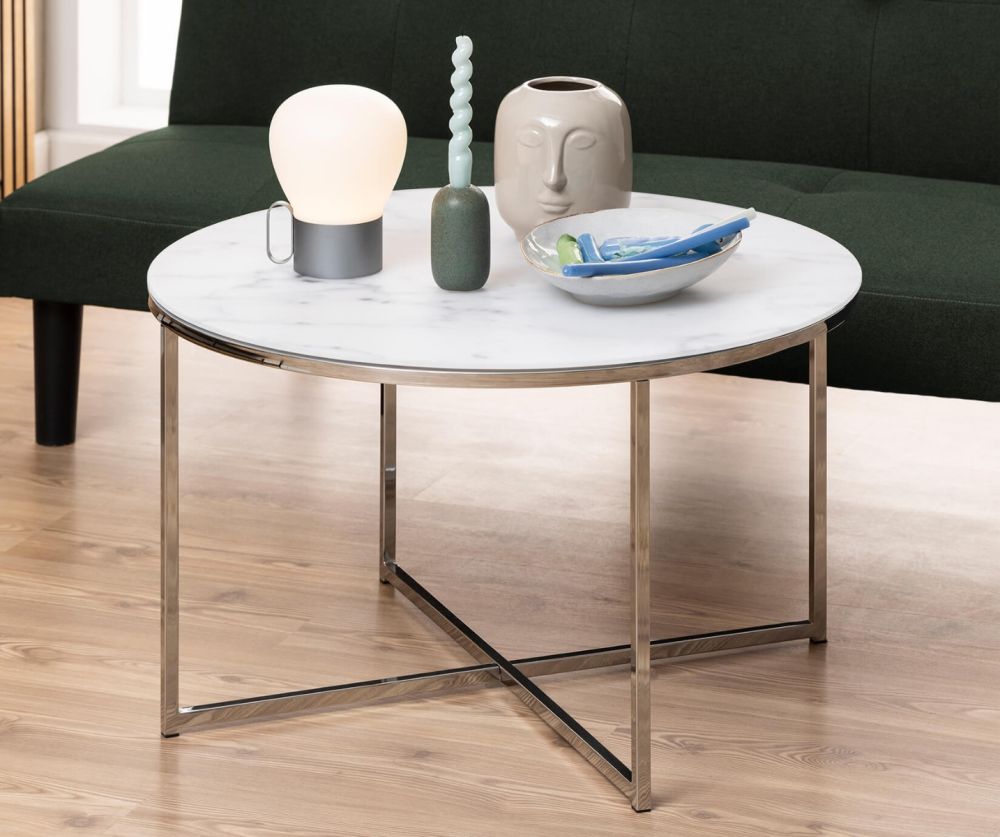 Alisma Round Coffee Table with White Marble Top And Silver Legs