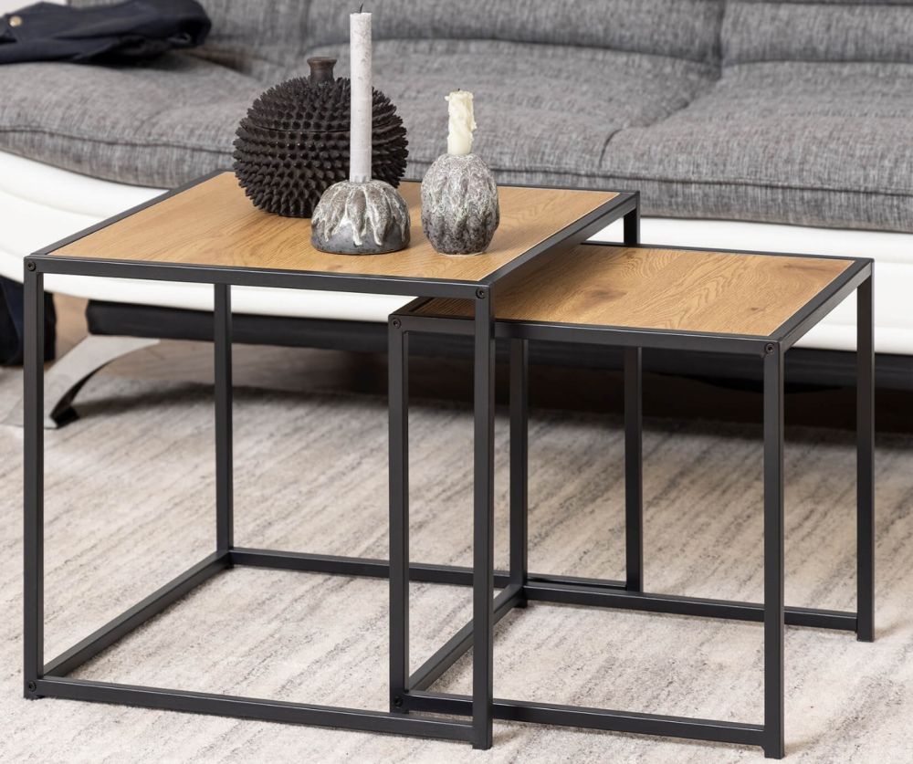 Seaford Black Metal Nest of Tables with Oak Top
