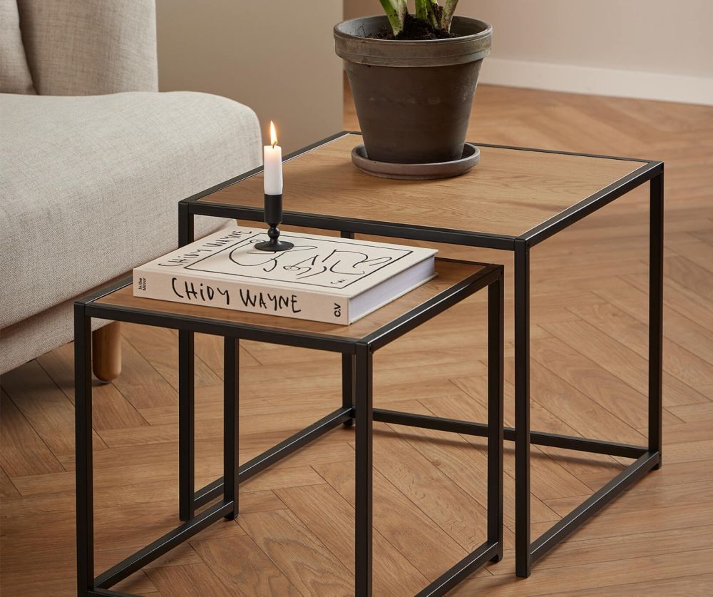 Seaford Black Metal Nest of Tables with Oak Top