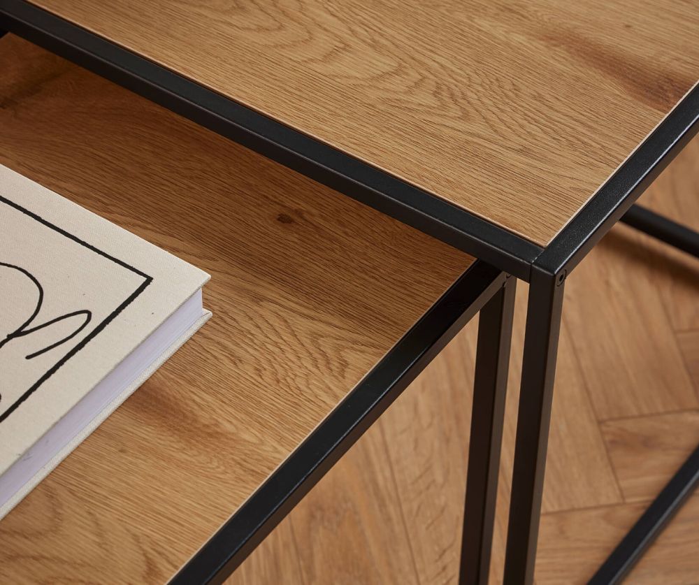 Seaford Black Metal Nest of Tables with Oak Top