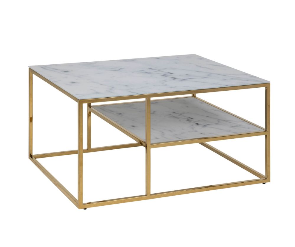 Alisma Open Shelf Coffee Table with White Marble Effect And Gold Legs