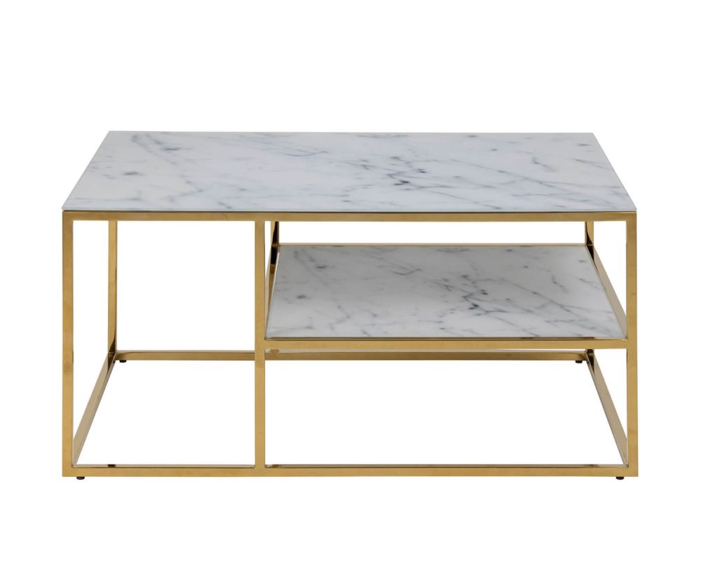 Alisma Open Shelf Coffee Table with White Marble Effect And Gold Legs