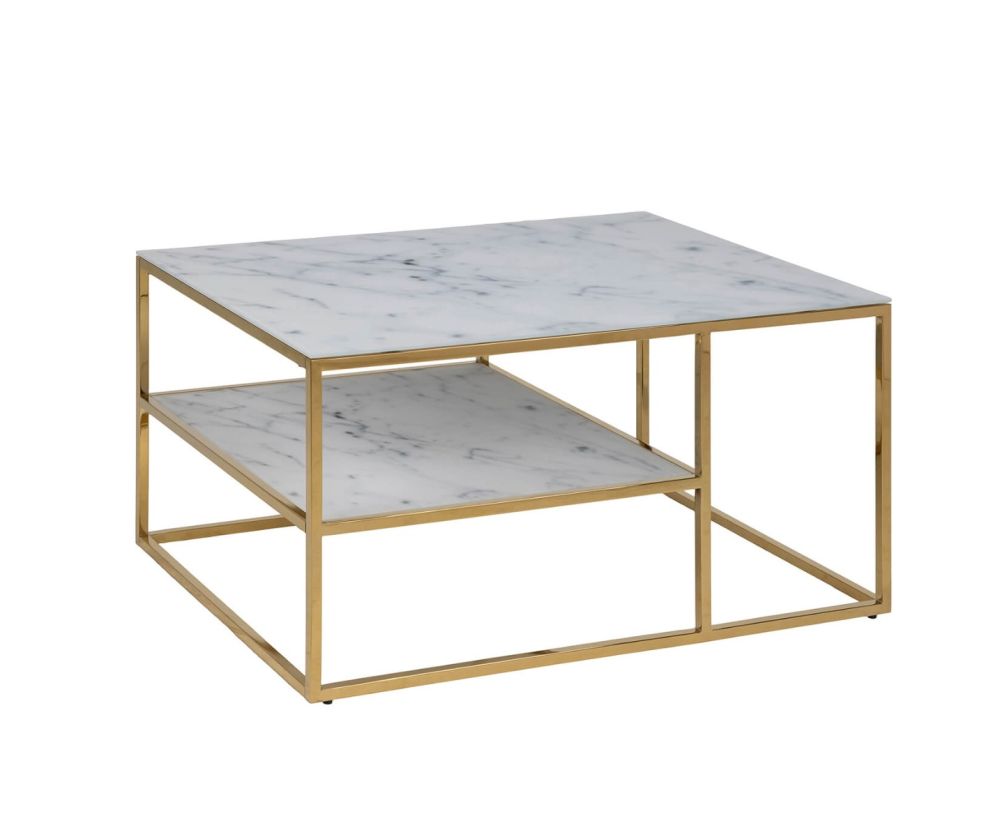 Alisma Open Shelf Coffee Table with White Marble Effect And Gold Legs