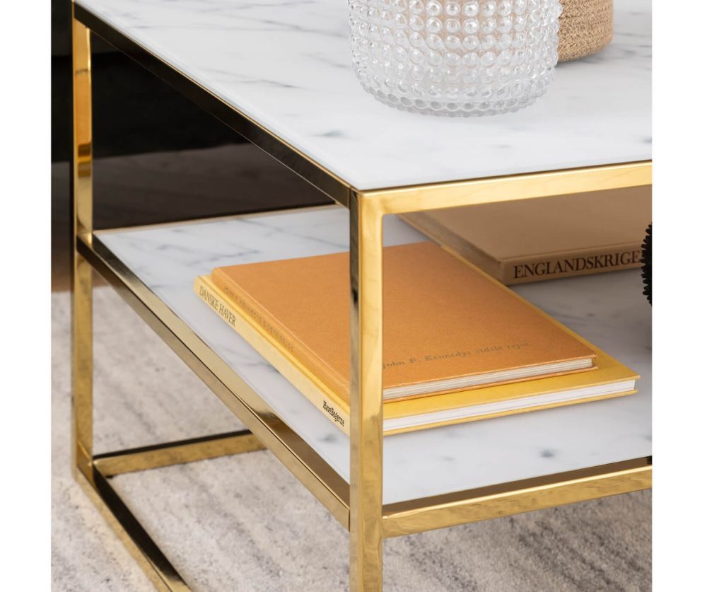 Alisma Open Shelf Coffee Table with White Marble Effect And Gold Legs