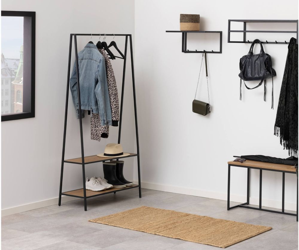 Seaford Black Metal Clothes Rack with 2 Oak Shelves
