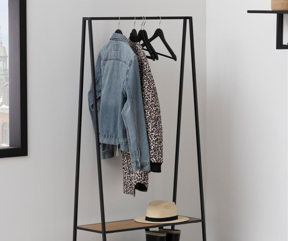 Seaford Black Metal Clothes Rack with 2 Oak Shelves