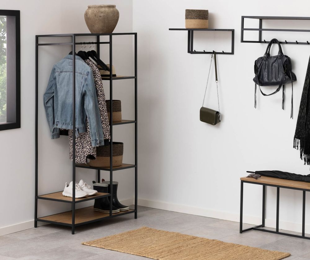 Seaford Black Metal Clothes Rack with 5 Oak Shelves