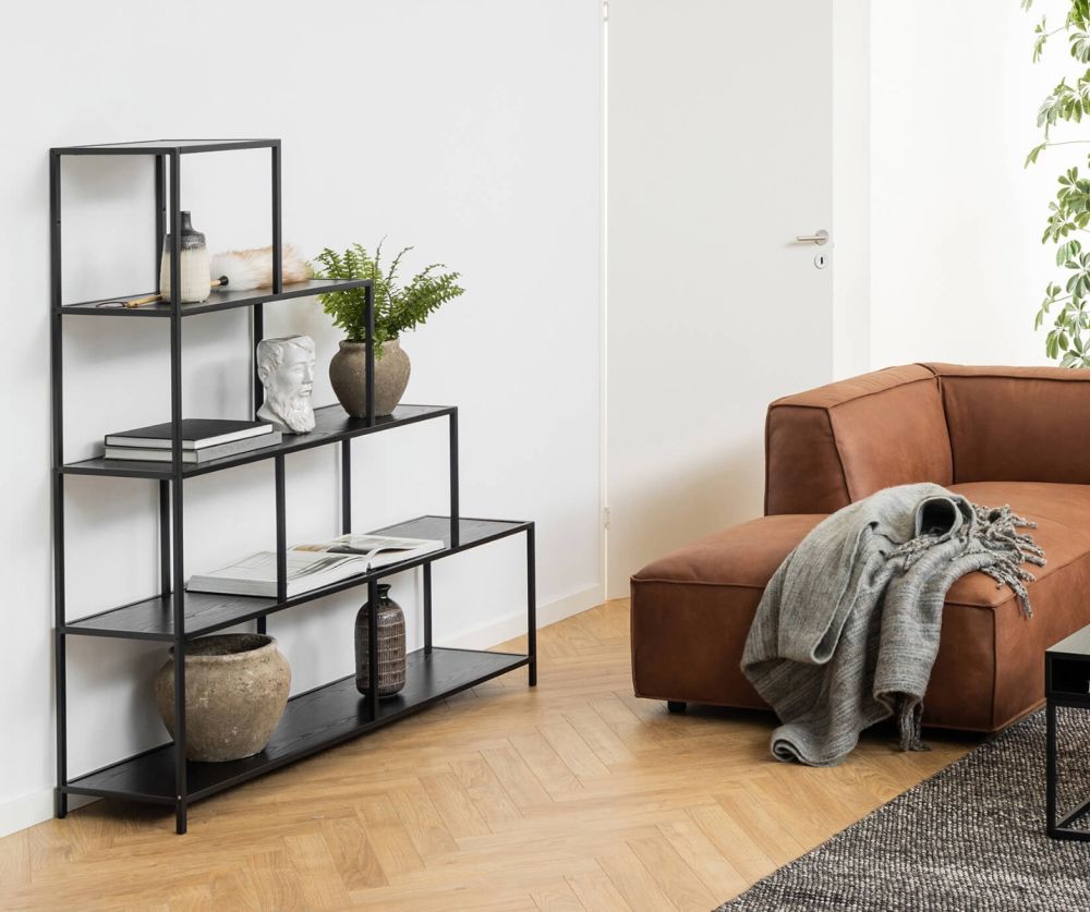 Seaford Black and Oak Bookcase with 4 Shelves and 1 Drawer 