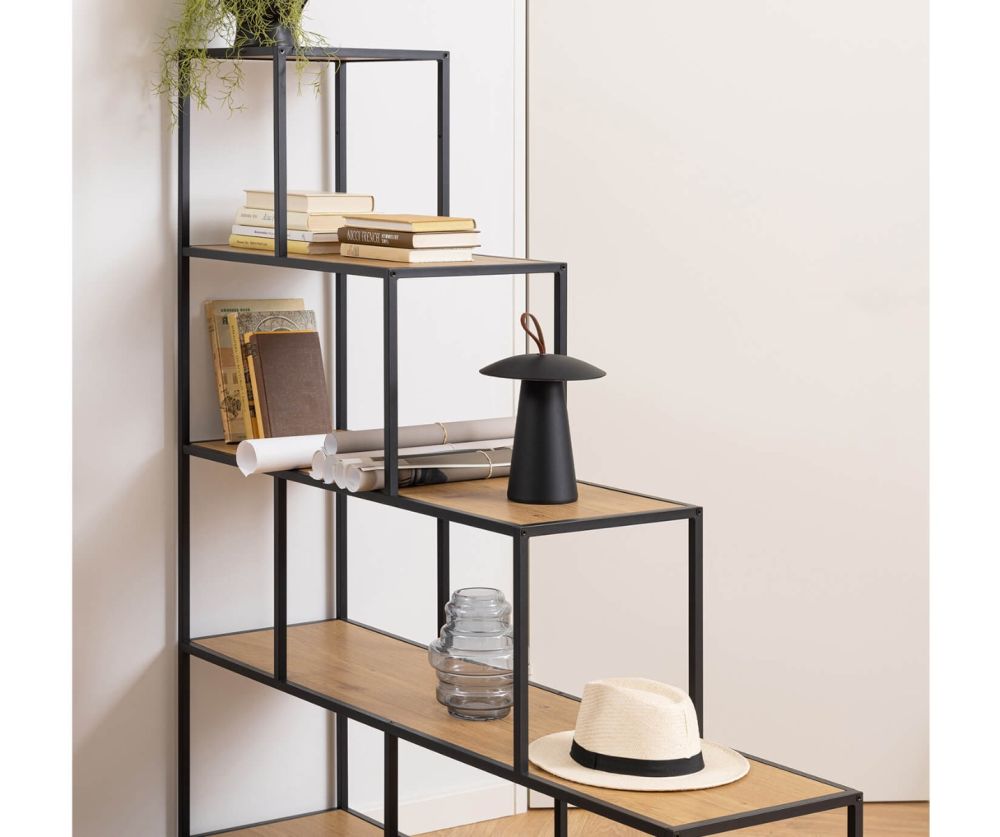 Seaford Black and Oak Bookcase with 4 Shelves and 1 Drawer 