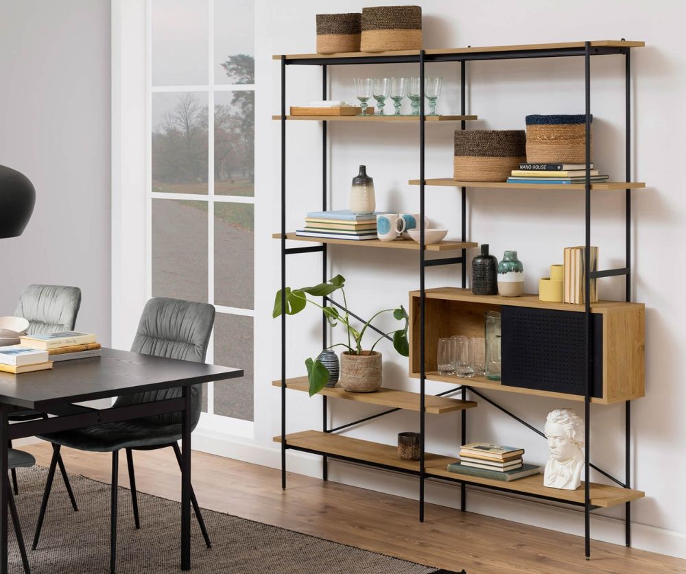 Angus Oak And Black 1 Sliding Door And 5 Shelves Bookcase 