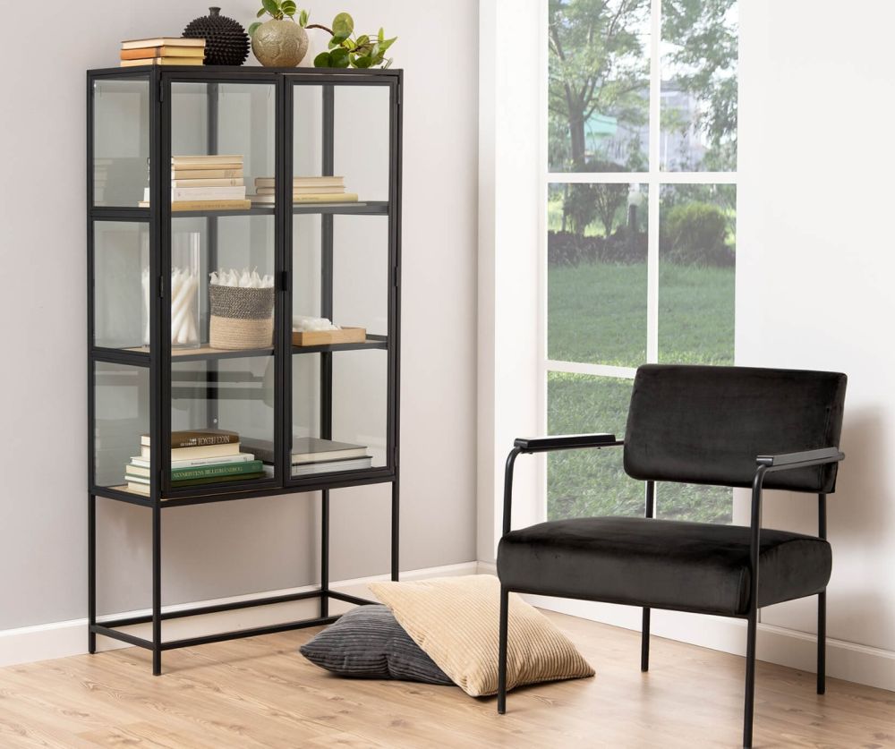 Seaford Black and Oak 2 Glass Door Display Cabinet 