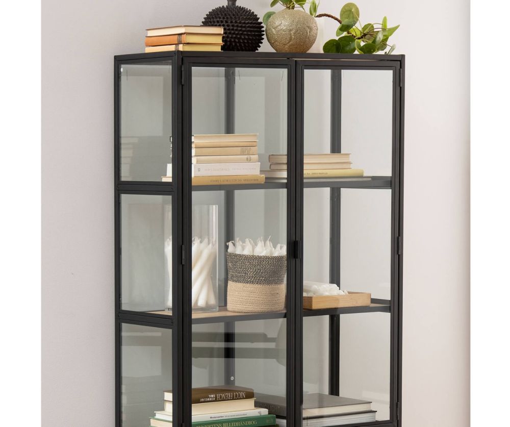 Seaford Black and Oak 2 Glass Door Display Cabinet 